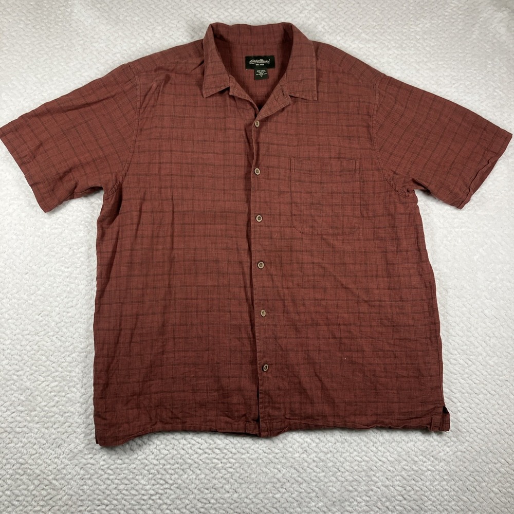 Eddie Bauer Shirt Mens Large Linen Blend Button Plaid Breathable Outdoors